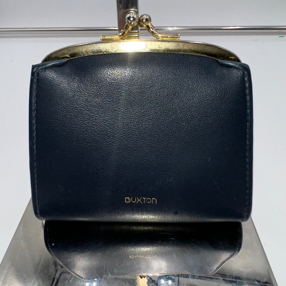Buxton Navy Blue Leather Coin Purse Kiss Lock Small Wallet Vintage